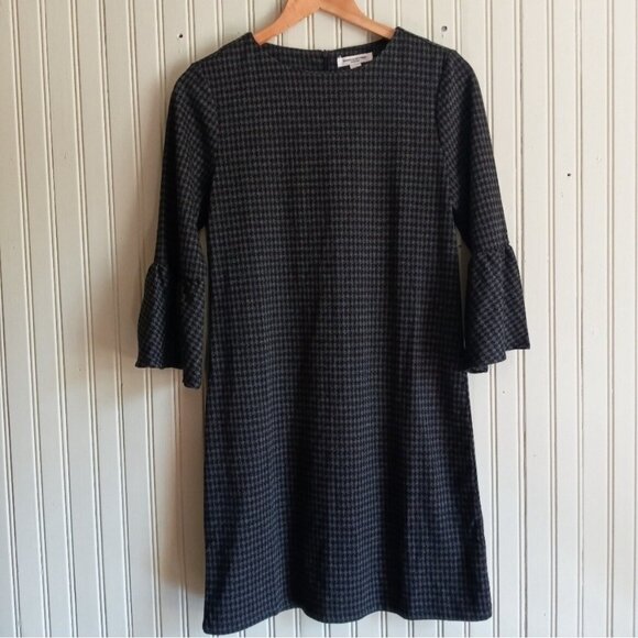Beach Lunch Lounge Grey Plaid Sheath Dress with Bell Sleeve – Women's Dress - Picture 1 of 4